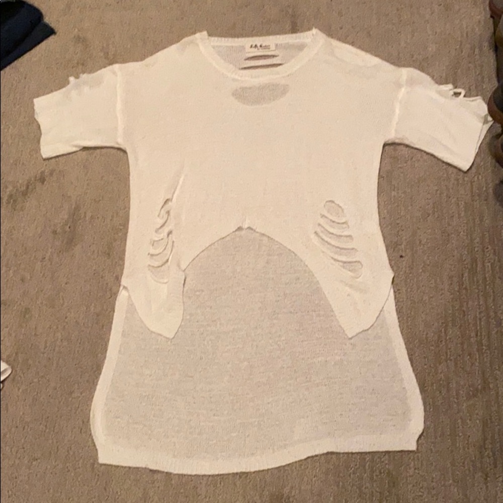Cream, distressed, hi-lo lightweight sweater